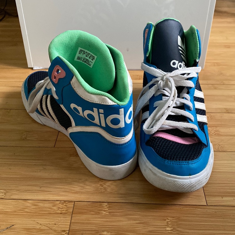 Adidas hi tops - blue, pink, green. Size 8.5